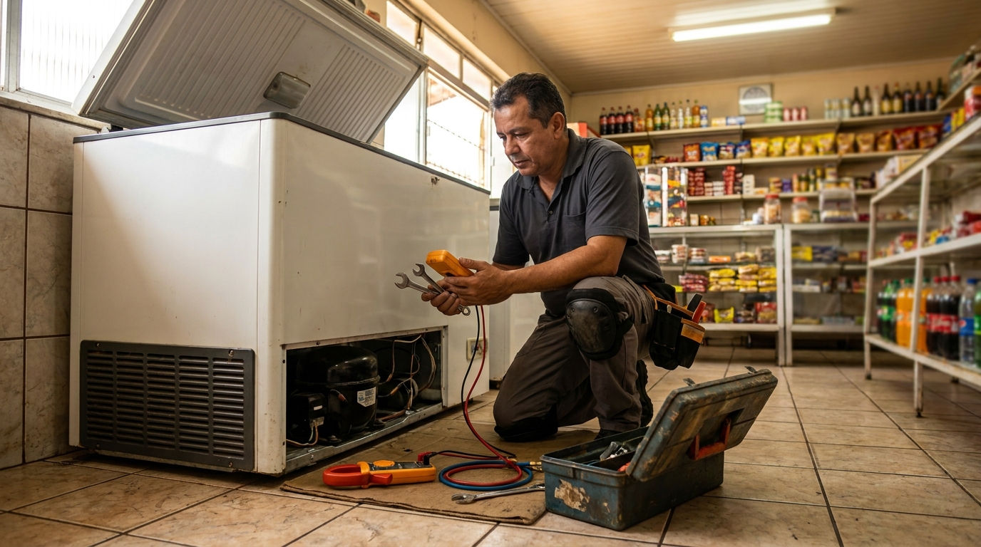 Técnico realizando manutenção de motor de freezer em São Bernardo do Campo‑SP